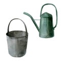 Watercolor illustration. Image of a bucket and watering can. Garden inventory