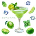 Watercolor illustration. Image of a glass with a margarita cocktail. Mint leaves, ice cubes for cocktails, lime, lime slices Royalty Free Stock Photo