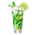 Watercolor illustration. An image of a glass with a mojito cocktail. Mint leaves, lime, ice cubes for drinks, cocktails. Royalty Free Stock Photo