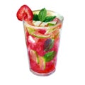 Watercolor illustration. Image of a glass with a strawberry mojito cocktail. Mint leaves, strawberries