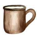 Watercolor illustration, iron brown mug. The element is isolated on a white background.