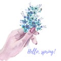 Watercolor illustration with isolated hand holding a bouquet blue forget-me-nots flowers on a white background