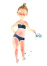 Watercolor illustration. Dissatisfied sunburnt plump woman