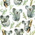 Seamless pattern of watercolor koala is holding the bamboo