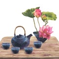 Watercolor illustration of japan tea ceremony, composition of dark blue ceramic teapot, bowls of tea, ceramic vase with