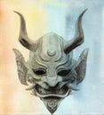 Watercolor illustration of a Japanese mask