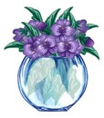 Watercolor illustration of jar with bouquet of violet flowers. Spring wildflowers bouquet
