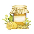 Watercolor illustration with a jar of honey, lemon, ginger root and lime flowers. on a white background