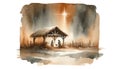 Watercolor illustration of Jesus Christ birth. Night landscape