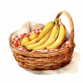 Watercolor Illustration Of A Juicy Banana In A Picnic Basket