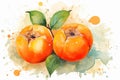 Watercolor illustration of juicy ripe persimmon fruit with aquarelle splashes. Concepts of fresh fruit, healthy snack Royalty Free Stock Photo