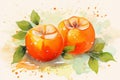 Watercolor illustration of juicy ripe persimmon fruit with aquarelle splashes and spots. Concepts of fresh fruit Royalty Free Stock Photo