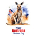 Watercolor illustration kangaroo and Australian flag on Australia National Day