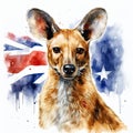 Watercolor illustration kangaroo and Australian flag on Australia National Day