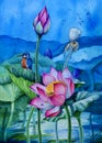 Watercolor illustration of a Kingfisher bird resting on a leaf of a blooming Lotus against a background of green foliage