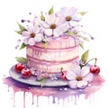 Watercolor illustration. Kitchen composition Three-tier wedding cake with flowers.ai generated