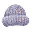 watercolor illustration a knitted hat, winter clothing. colors of purple and orange create a feeling of warmth and coziness, for