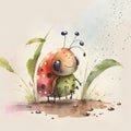 Watercolor illustration of a ladybug standing in the grass on a rainy day Royalty Free Stock Photo