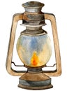 Watercolor illustration. lamp lantern lit candle.