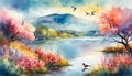 watercolor illustration of a landscape with a blooming lake, flowers, branches, birds against the sky