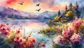 watercolor illustration of a landscape with a blooming lake, flowers, branches, birds against the sky Royalty Free Stock Photo