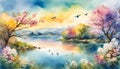 watercolor illustration of a landscape with a blooming lake, flowers, branches, birds against the sky Royalty Free Stock Photo