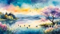 watercolor illustration of a landscape with a blooming lake, flowers, branches, birds against the sky