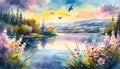 watercolor illustration of a landscape with a blooming lake, flowers, branches, birds against the sky