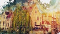 Watercolor illustration of a landscape of Bruges City in Belgium. Artistic wallpaper, background or backdrop. Watercolor landscape