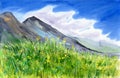 Watercolor illustration of a landscape with distant gray mountains in the background Royalty Free Stock Photo