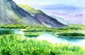 Watercolor illustration of a landscape with distant gray mountains and blooming meadow Royalty Free Stock Photo