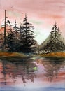 Watercolor illustration of a landscape with a forest of dark fir and pine trees on the river Royalty Free Stock Photo