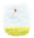 Watercolor illustration with landscape scenery, summer meadow, sky and red kite Royalty Free Stock Photo