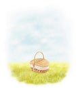 Watercolor illustration with landscape scenery summer meadow, sky and wicker picnic basket Royalty Free Stock Photo