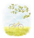 Watercolor illustration with landscape scenery, summer meadow, sky and yellow bike Royalty Free Stock Photo