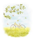 Watercolor illustration with landscape scenery, summer meadow, sky, yellow bike and butterflies Royalty Free Stock Photo