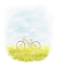 Watercolor illustration with landscape scenery summer meadow, sky and yellow female bike Royalty Free Stock Photo