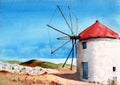 Watercolor illustration of a landscape with a white windmill Royalty Free Stock Photo