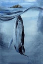 Watercolor illustration of a large blue whale in the middle of the ocean with a wave above it