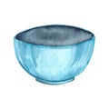 Watercolor illustration, large deep bowl for salads or soups, kitchen utensils, isolated element on a white background
