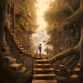 Watercolor illustration of a large tree of knowledge - Fantasy abstract surreal library - boy silhouette - back to school