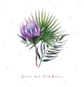 Watercolor illustration with protea and palm leaves. Postcard with the words `Love me tender`.