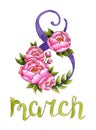 March 8 lettering with watercolor flowers Royalty Free Stock Photo