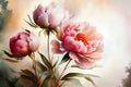 Watercolor illustration light pink peony flower on a stem with buds. AI Generated Royalty Free Stock Photo