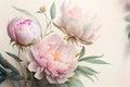 Watercolor illustration light pink peony flower on a stem with buds. AI Generated Royalty Free Stock Photo