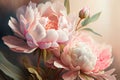 Watercolor illustration light pink peony flower on a stem with buds. AI Generated Royalty Free Stock Photo