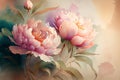 Watercolor illustration light pink peony flower on a stem with buds. AI Generated Royalty Free Stock Photo