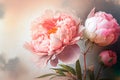 Watercolor illustration light pink peony flower on a stem with buds. AI Generated Royalty Free Stock Photo