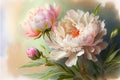 Watercolor illustration light pink peony flower on a stem with buds. AI Generated Royalty Free Stock Photo