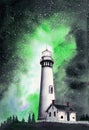 Watercolor illustration of a lighthouse on the hill at night with starry sky